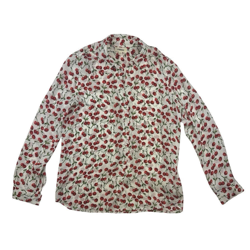 L'Agence Nina Cherry Print Silk Blouse White Size S